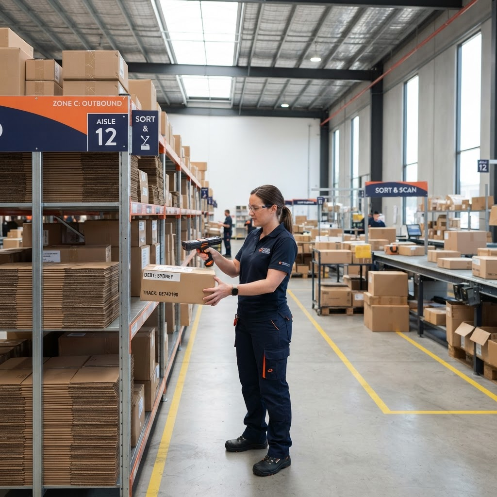 A Smart Courier and Cargo worker scanning organized parcels inside a warehouse